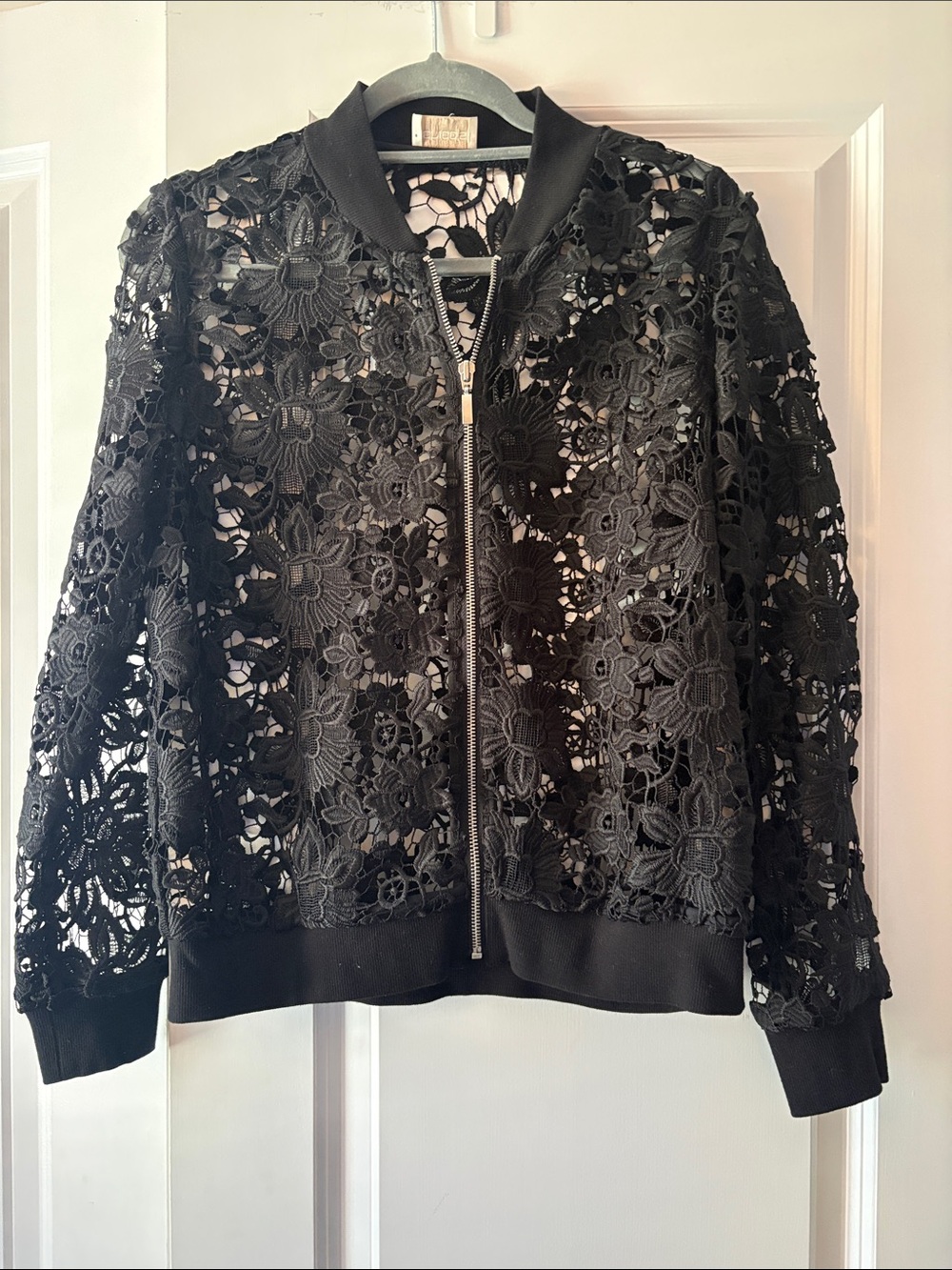 Chico's Black Floral Crochet Bomber Jacket